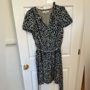 LOFT Tan and Blue Dress with Tie Front